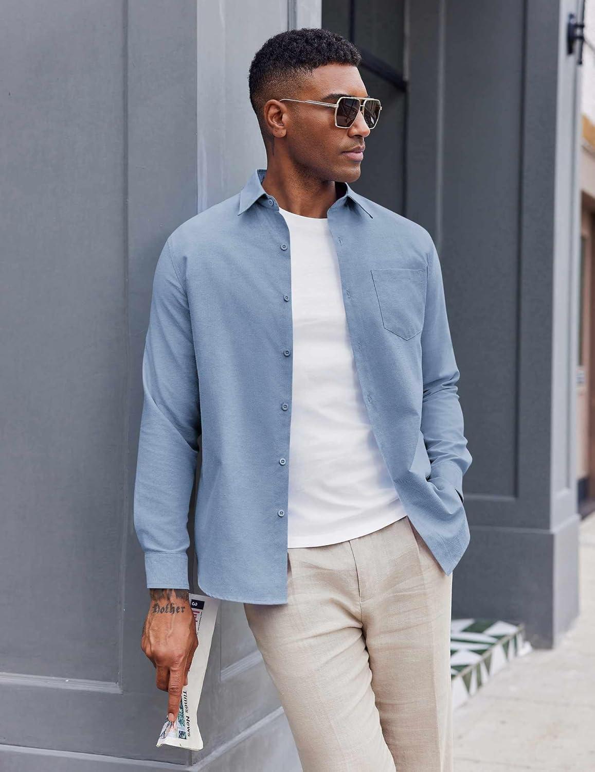 imageCOOFANDY Mens Oxford Shirt Long Sleeve Casual Button Down Shirts Soild Dress Shirts with PocketGrayish Blue