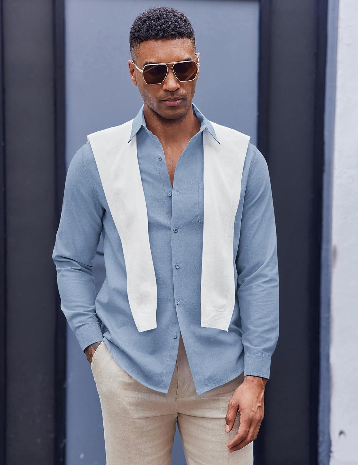 imageCOOFANDY Mens Oxford Shirt Long Sleeve Casual Button Down Shirts Soild Dress Shirts with PocketGrayish Blue