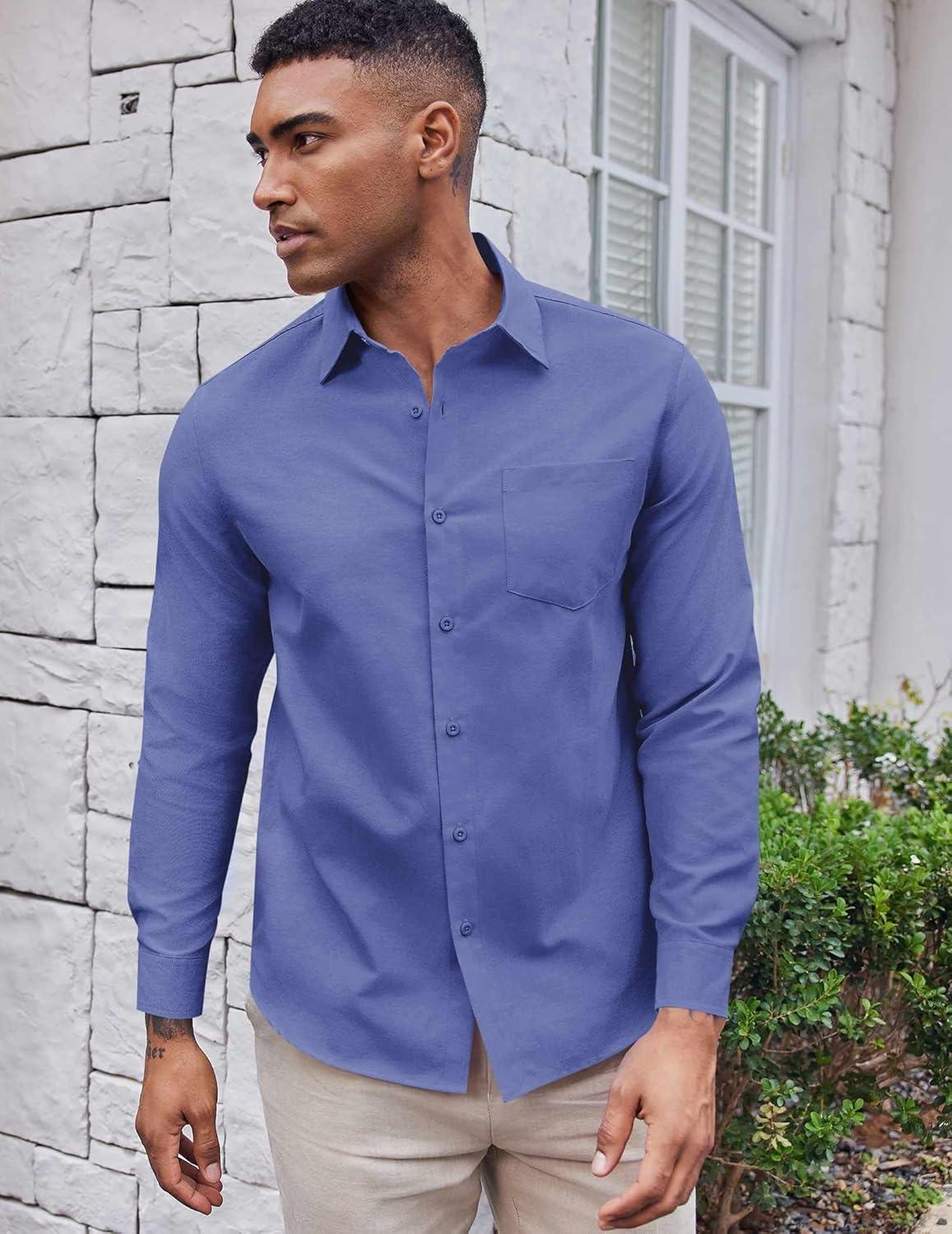imageCOOFANDY Mens Oxford Shirt Long Sleeve Casual Button Down Shirts Soild Dress Shirts with PocketRoyal Azure