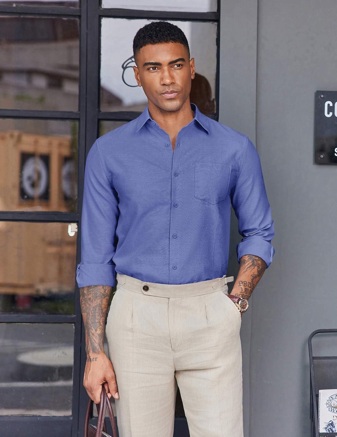 imageCOOFANDY Mens Oxford Shirt Long Sleeve Casual Button Down Shirts Soild Dress Shirts with PocketRoyal Azure