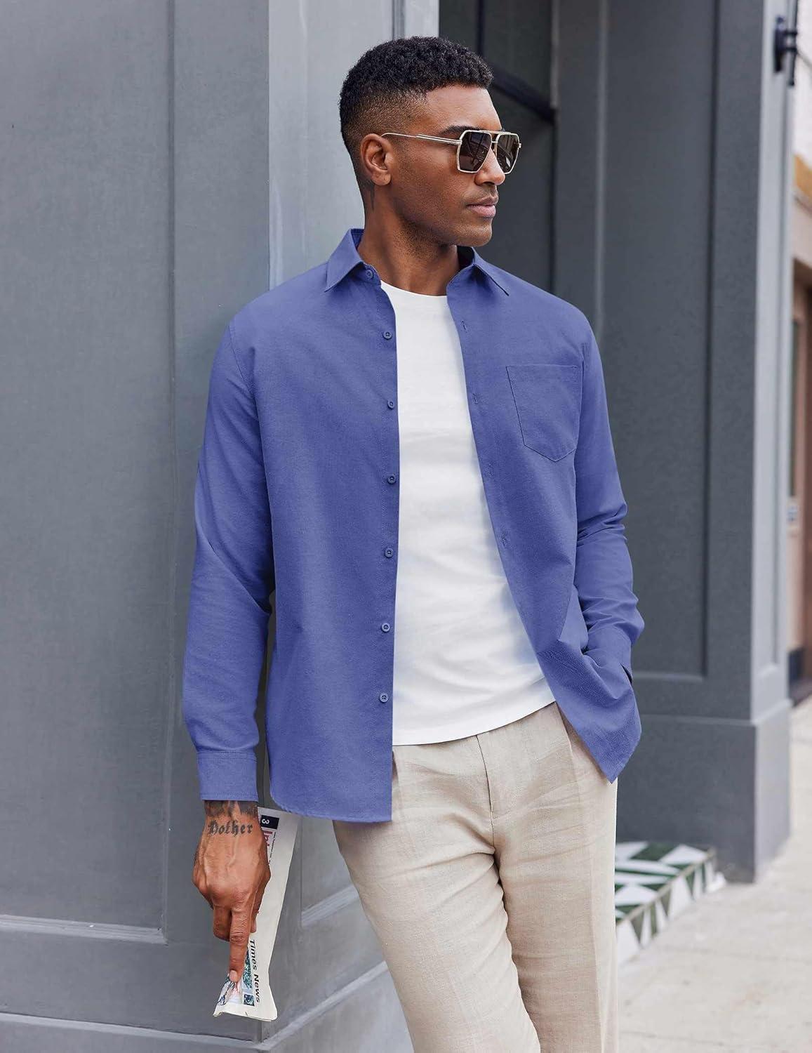 imageCOOFANDY Mens Oxford Shirt Long Sleeve Casual Button Down Shirts Soild Dress Shirts with PocketRoyal Azure