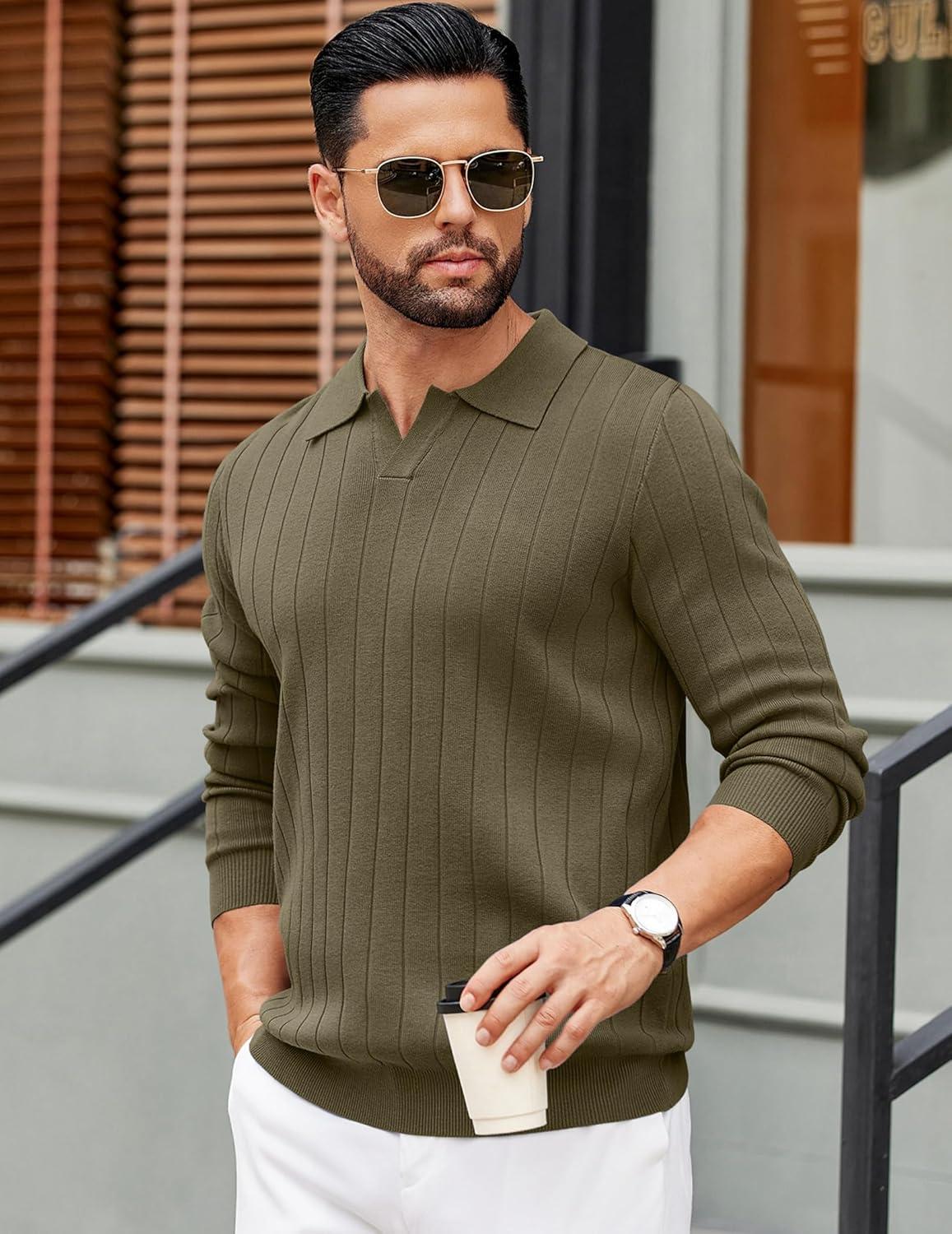 imageCOOFANDY Mens Polo Sweaters Long Sleeve V Neck Knit Polos Lightweight Casual Pullover SweaterArmy Green