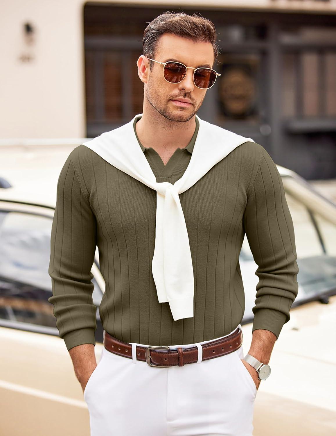 imageCOOFANDY Mens Polo Sweaters Long Sleeve V Neck Knit Polos Lightweight Casual Pullover SweaterArmy Green