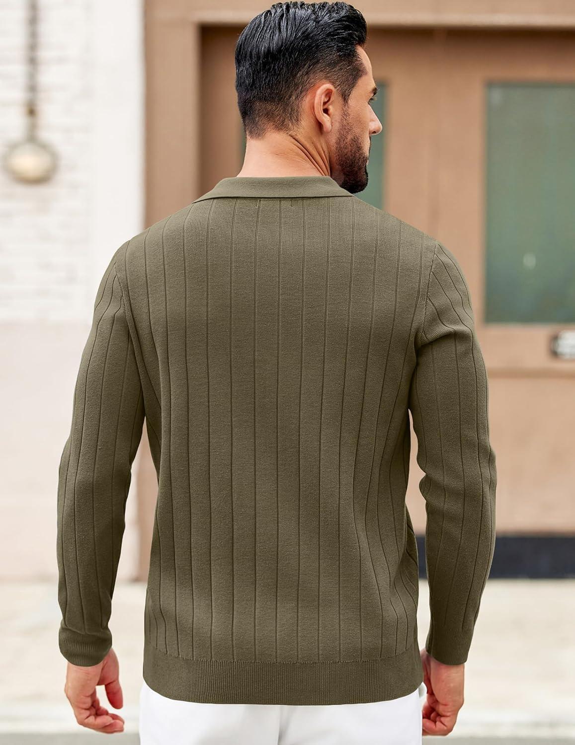 imageCOOFANDY Mens Polo Sweaters Long Sleeve V Neck Knit Polos Lightweight Casual Pullover SweaterArmy Green
