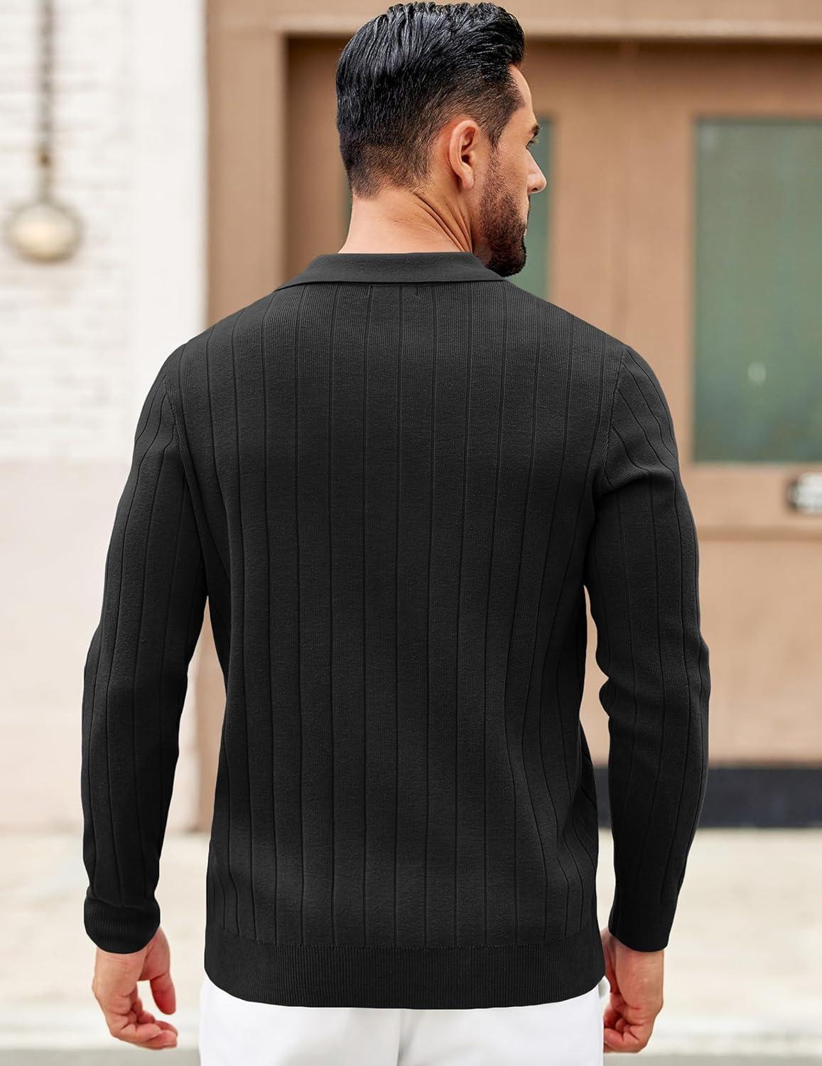 imageCOOFANDY Mens Polo Sweaters Long Sleeve V Neck Knit Polos Lightweight Casual Pullover SweaterBlack