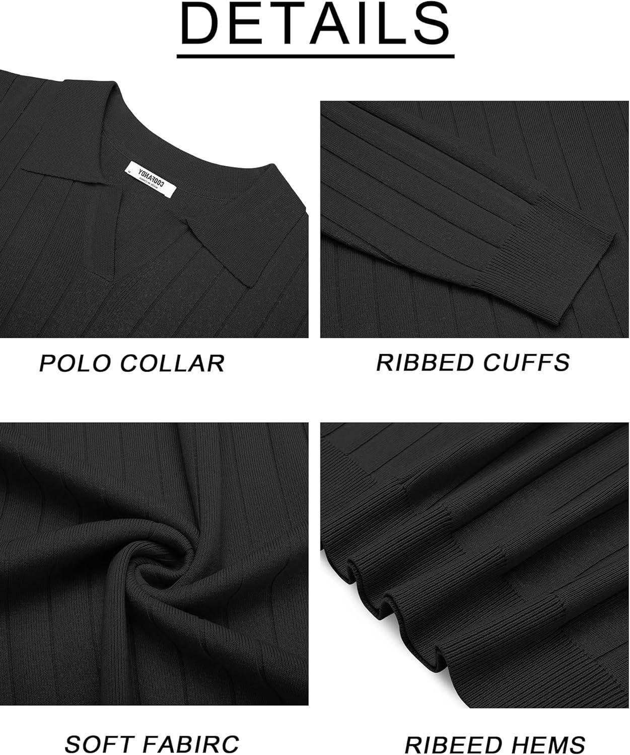 imageCOOFANDY Mens Polo Sweaters Long Sleeve V Neck Knit Polos Lightweight Casual Pullover SweaterBlack