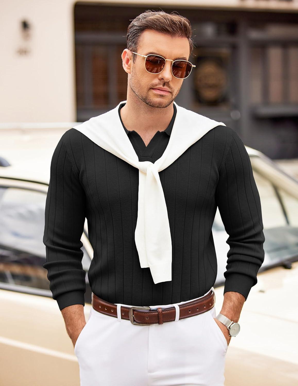 imageCOOFANDY Mens Polo Sweaters Long Sleeve V Neck Knit Polos Lightweight Casual Pullover SweaterBlack