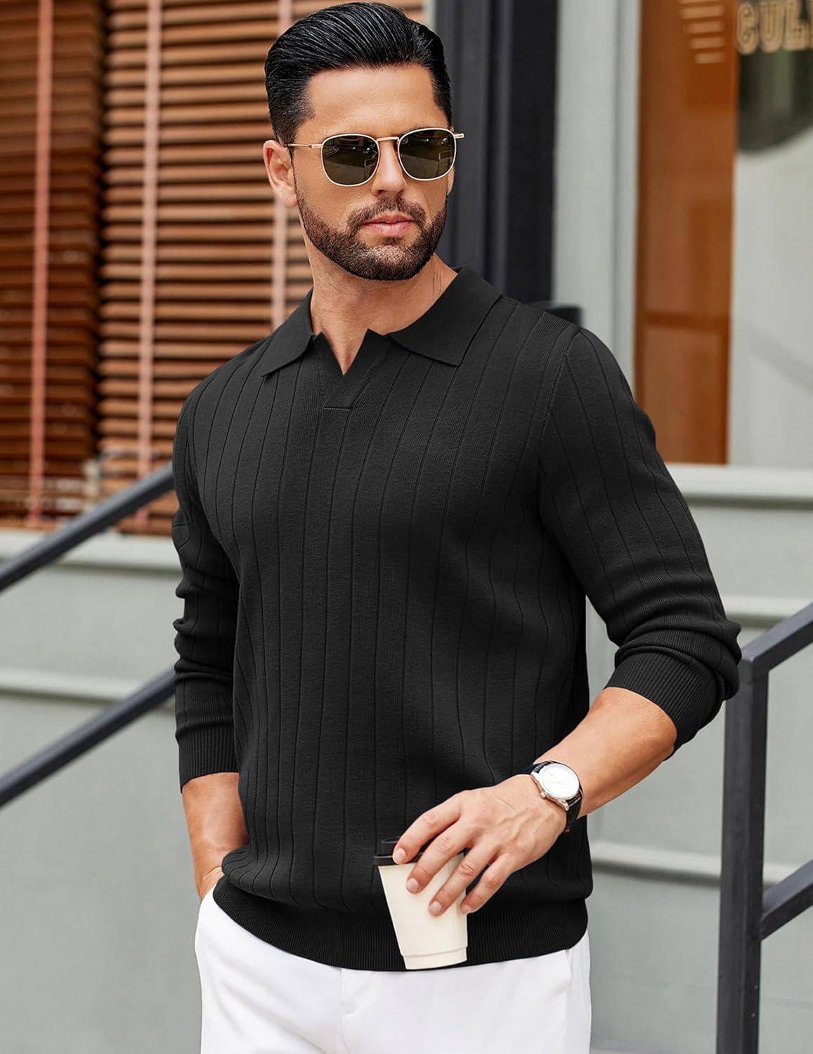 imageCOOFANDY Mens Polo Sweaters Long Sleeve V Neck Knit Polos Lightweight Casual Pullover SweaterBlack