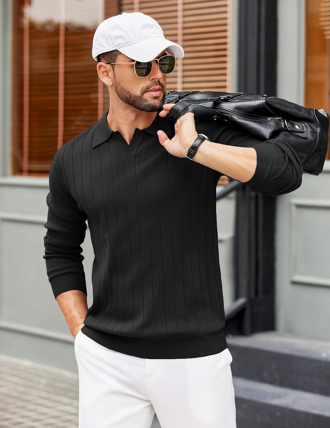 imageCOOFANDY Mens Polo Sweaters Long Sleeve V Neck Knit Polos Lightweight Casual Pullover SweaterBlack