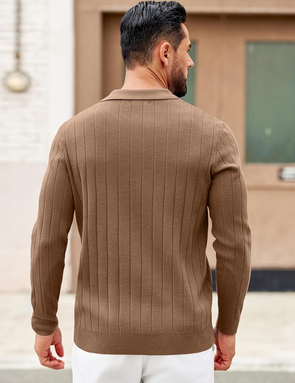 imageCOOFANDY Mens Polo Sweaters Long Sleeve V Neck Knit Polos Lightweight Casual Pullover SweaterBrown