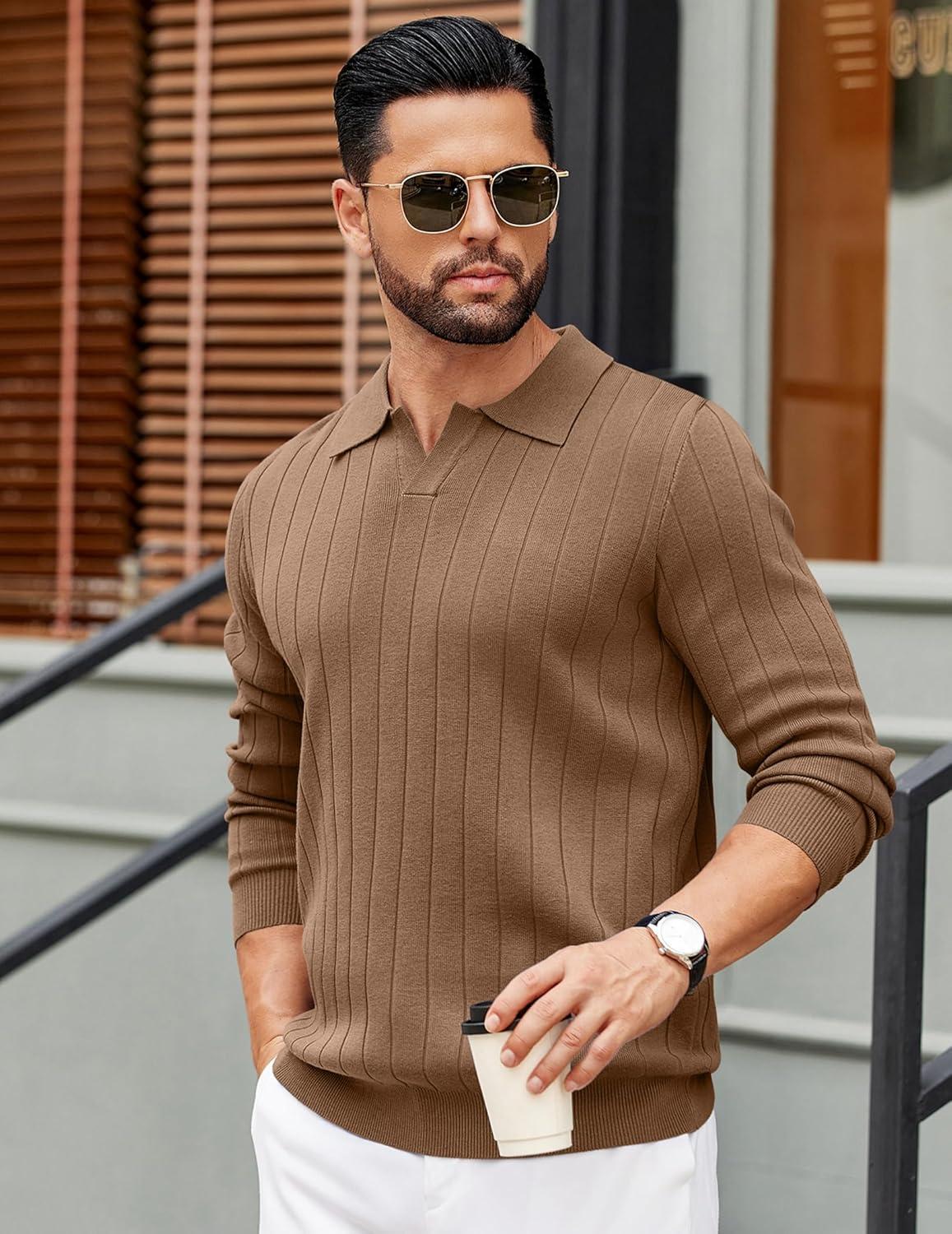 imageCOOFANDY Mens Polo Sweaters Long Sleeve V Neck Knit Polos Lightweight Casual Pullover SweaterBrown