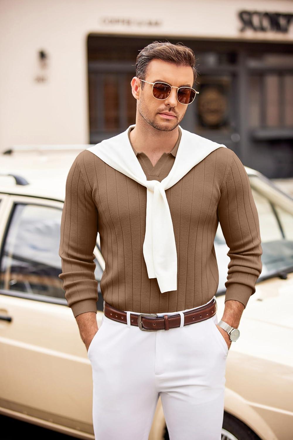imageCOOFANDY Mens Polo Sweaters Long Sleeve V Neck Knit Polos Lightweight Casual Pullover SweaterBrown