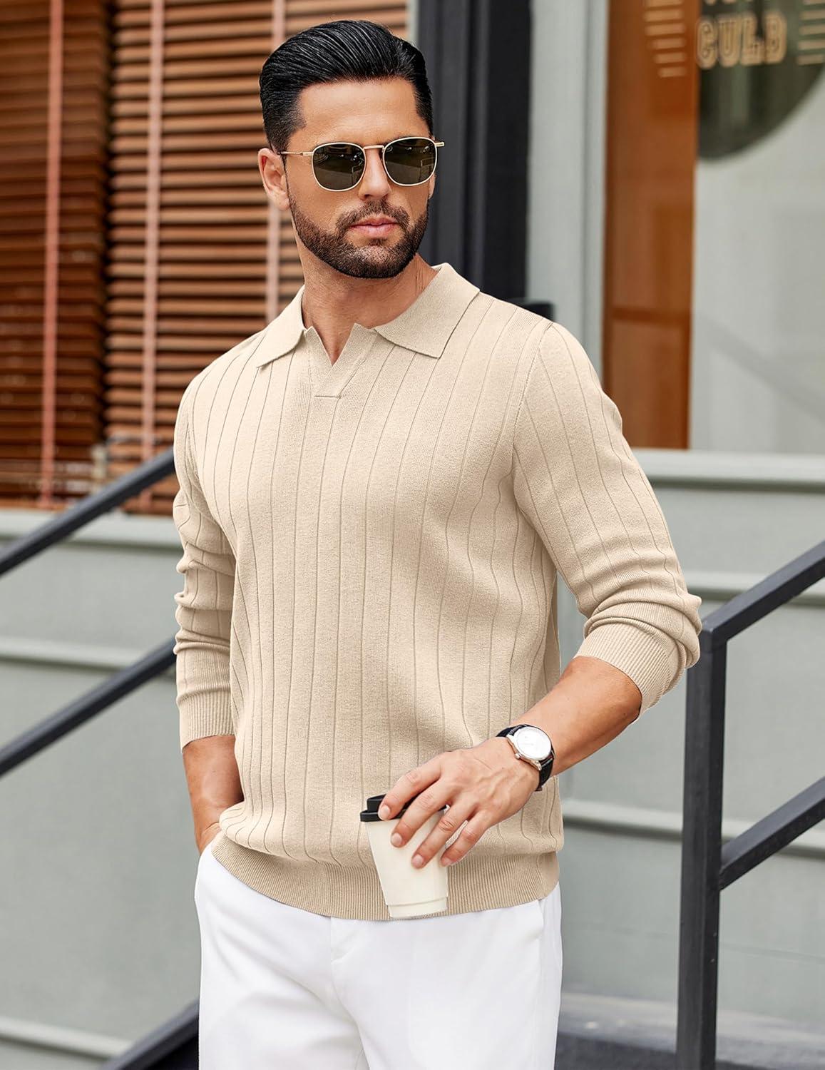 imageCOOFANDY Mens Polo Sweaters Long Sleeve V Neck Knit Polos Lightweight Casual Pullover SweaterCream