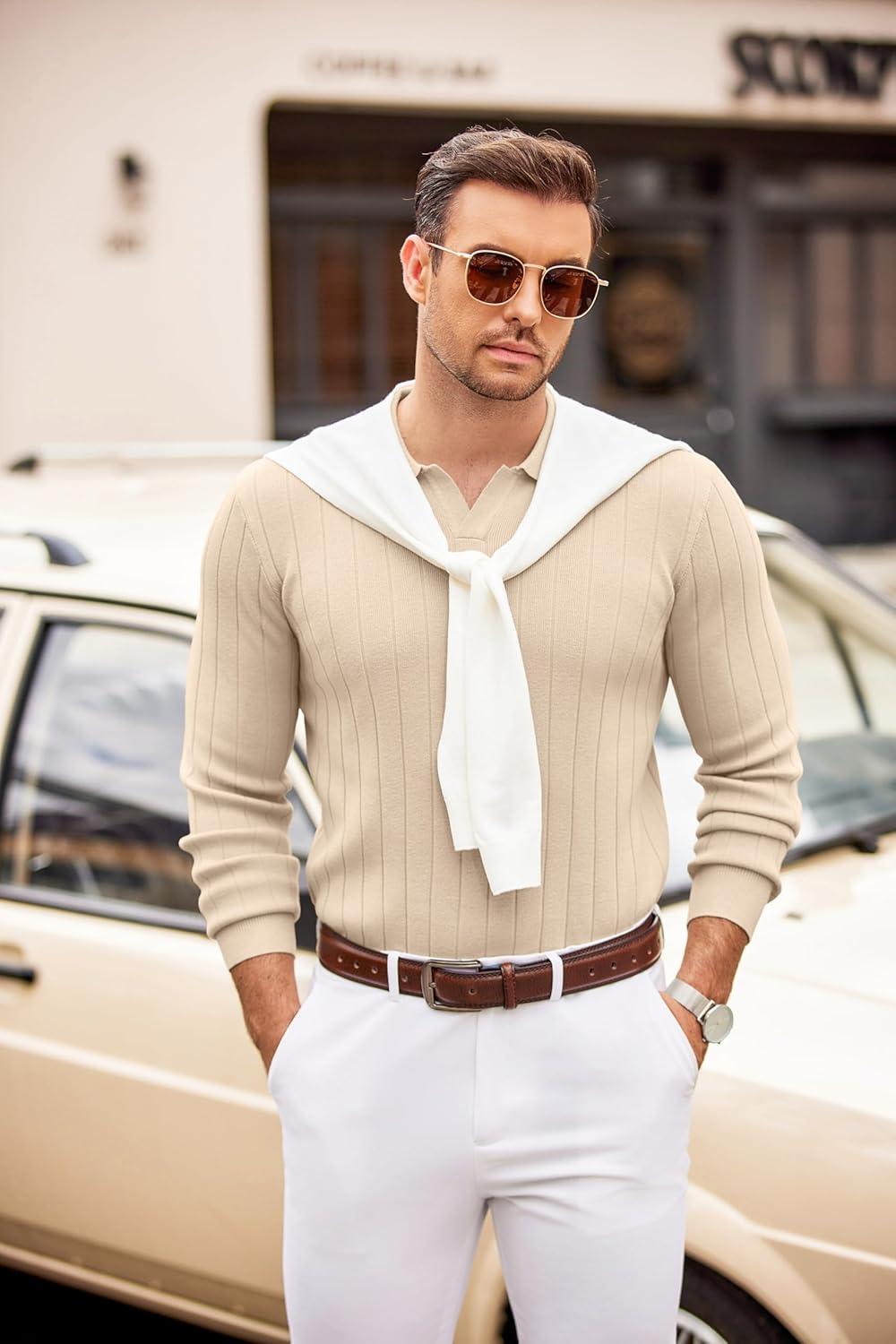 imageCOOFANDY Mens Polo Sweaters Long Sleeve V Neck Knit Polos Lightweight Casual Pullover SweaterCream