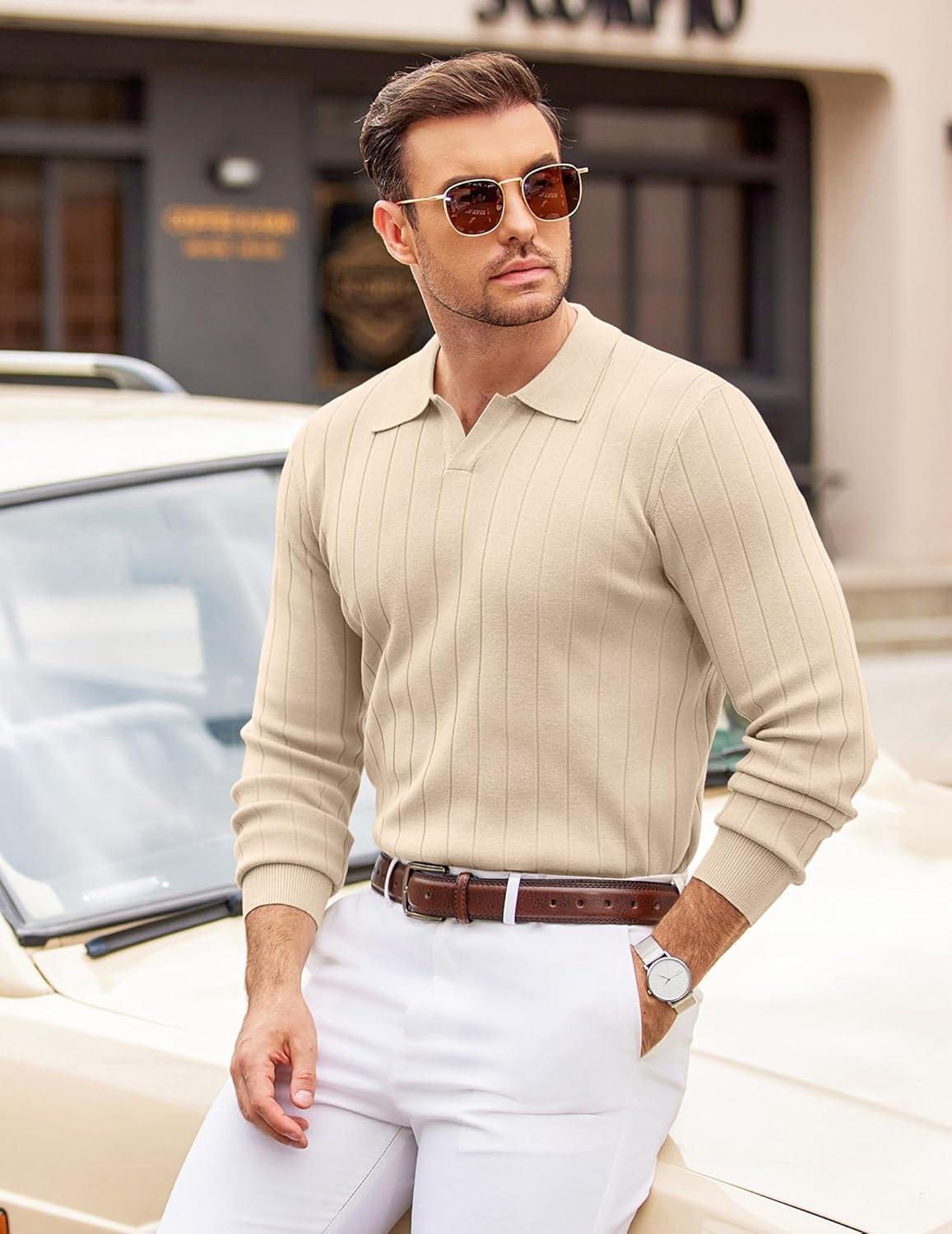 imageCOOFANDY Mens Polo Sweaters Long Sleeve V Neck Knit Polos Lightweight Casual Pullover SweaterCream