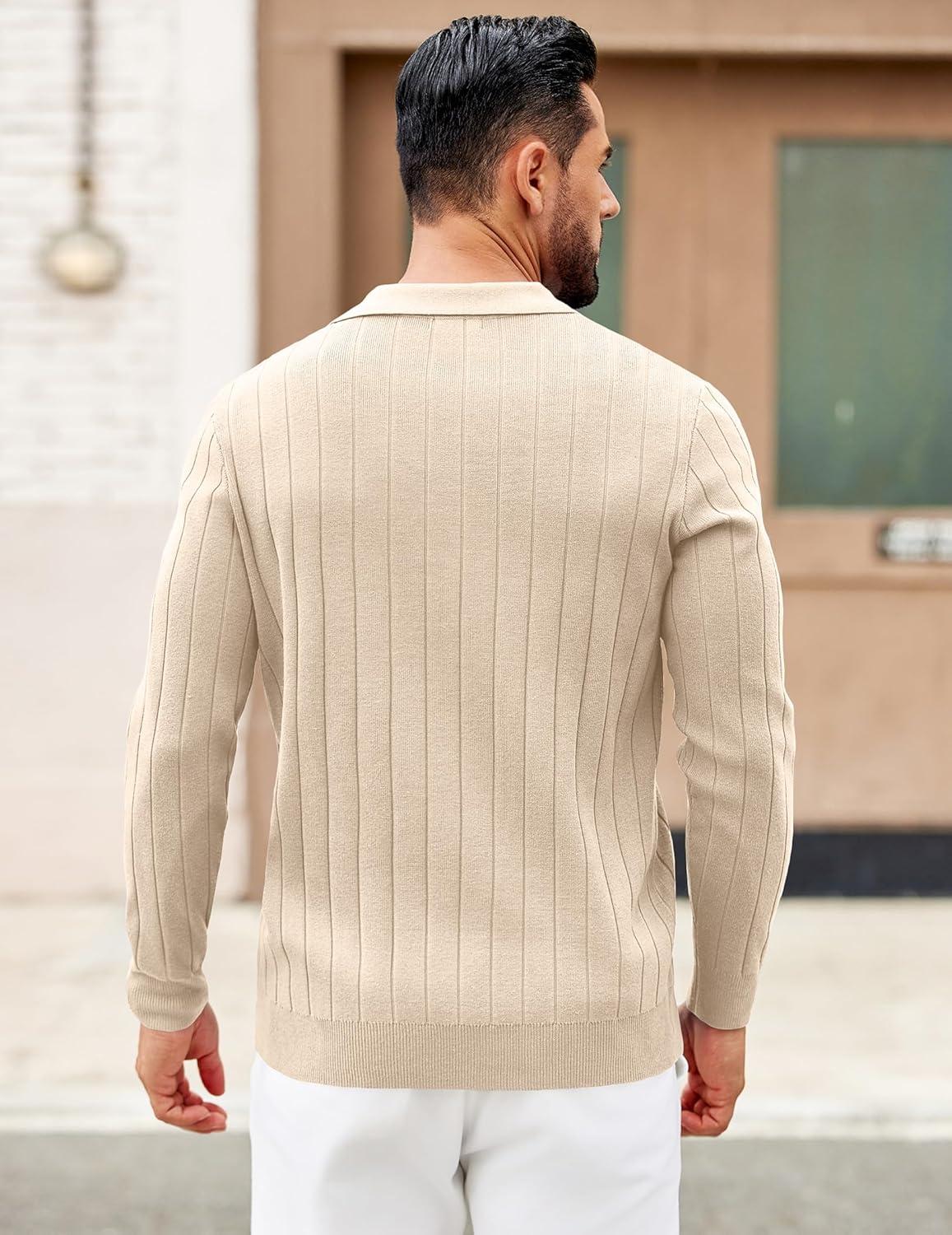 imageCOOFANDY Mens Polo Sweaters Long Sleeve V Neck Knit Polos Lightweight Casual Pullover SweaterCream