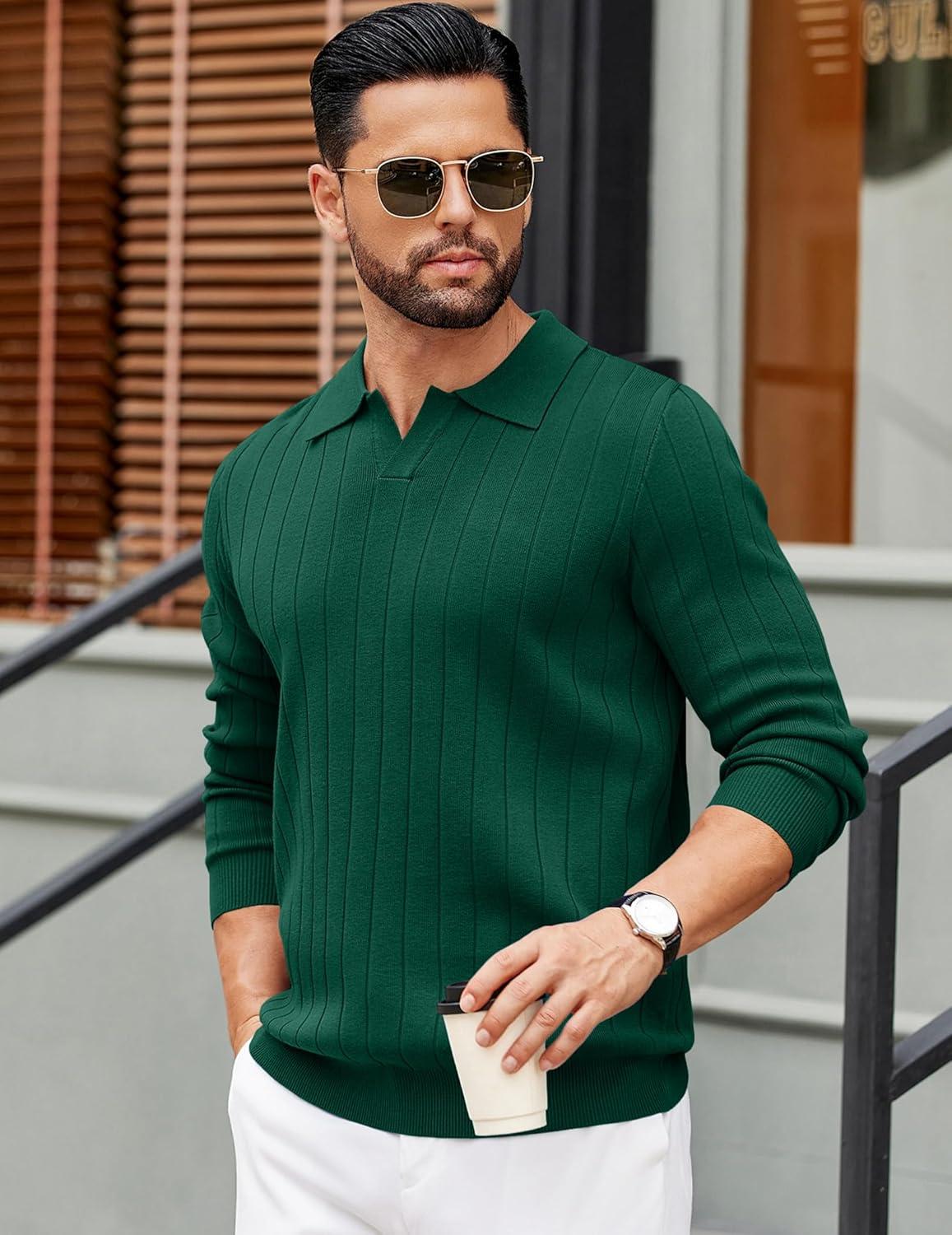 imageCOOFANDY Mens Polo Sweaters Long Sleeve V Neck Knit Polos Lightweight Casual Pullover SweaterDark Green