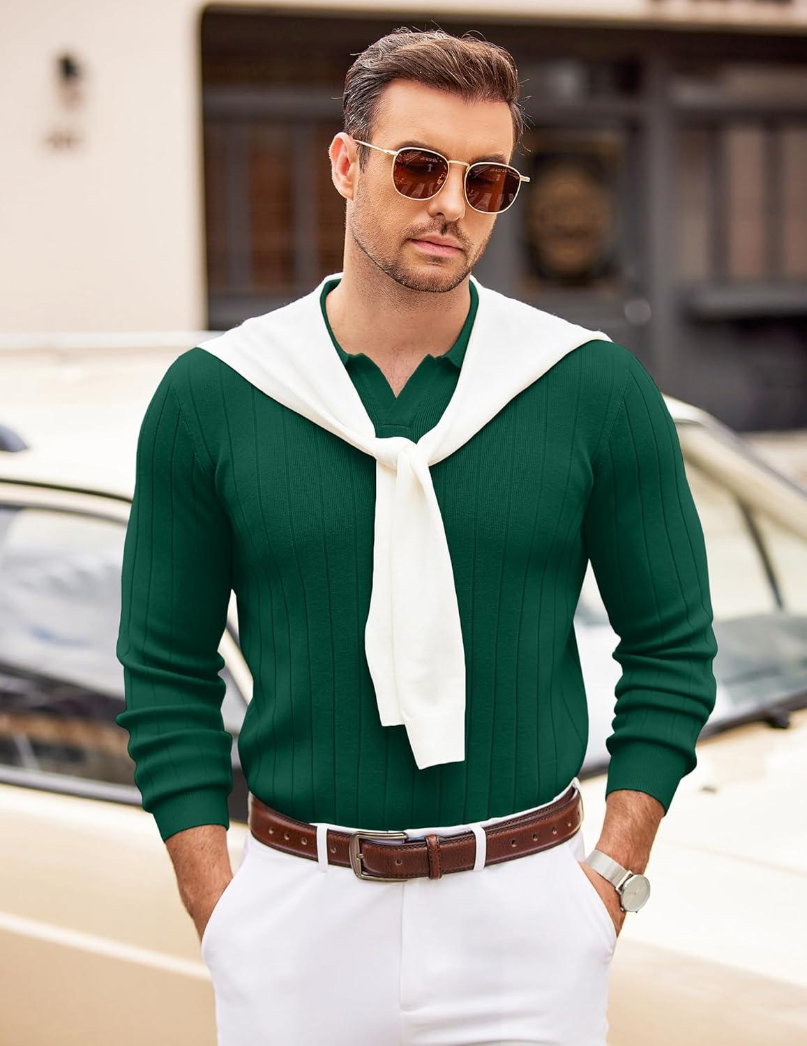 imageCOOFANDY Mens Polo Sweaters Long Sleeve V Neck Knit Polos Lightweight Casual Pullover SweaterDark Green