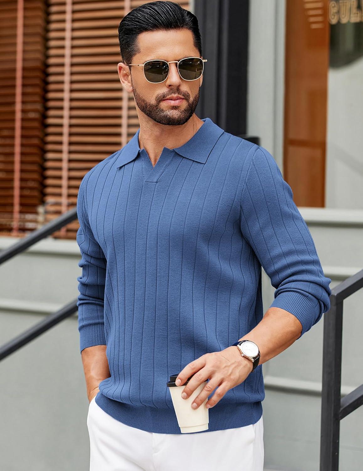 imageCOOFANDY Mens Polo Sweaters Long Sleeve V Neck Knit Polos Lightweight Casual Pullover SweaterDemin Blue