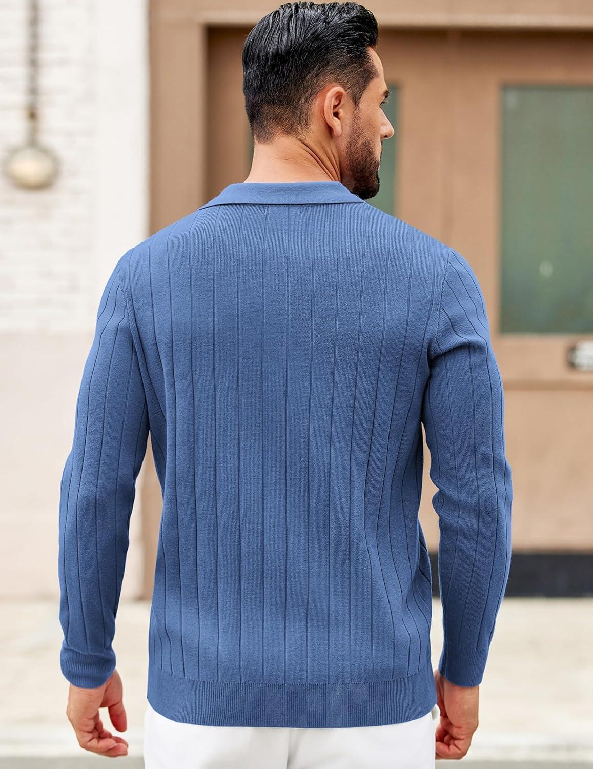 imageCOOFANDY Mens Polo Sweaters Long Sleeve V Neck Knit Polos Lightweight Casual Pullover SweaterDemin Blue