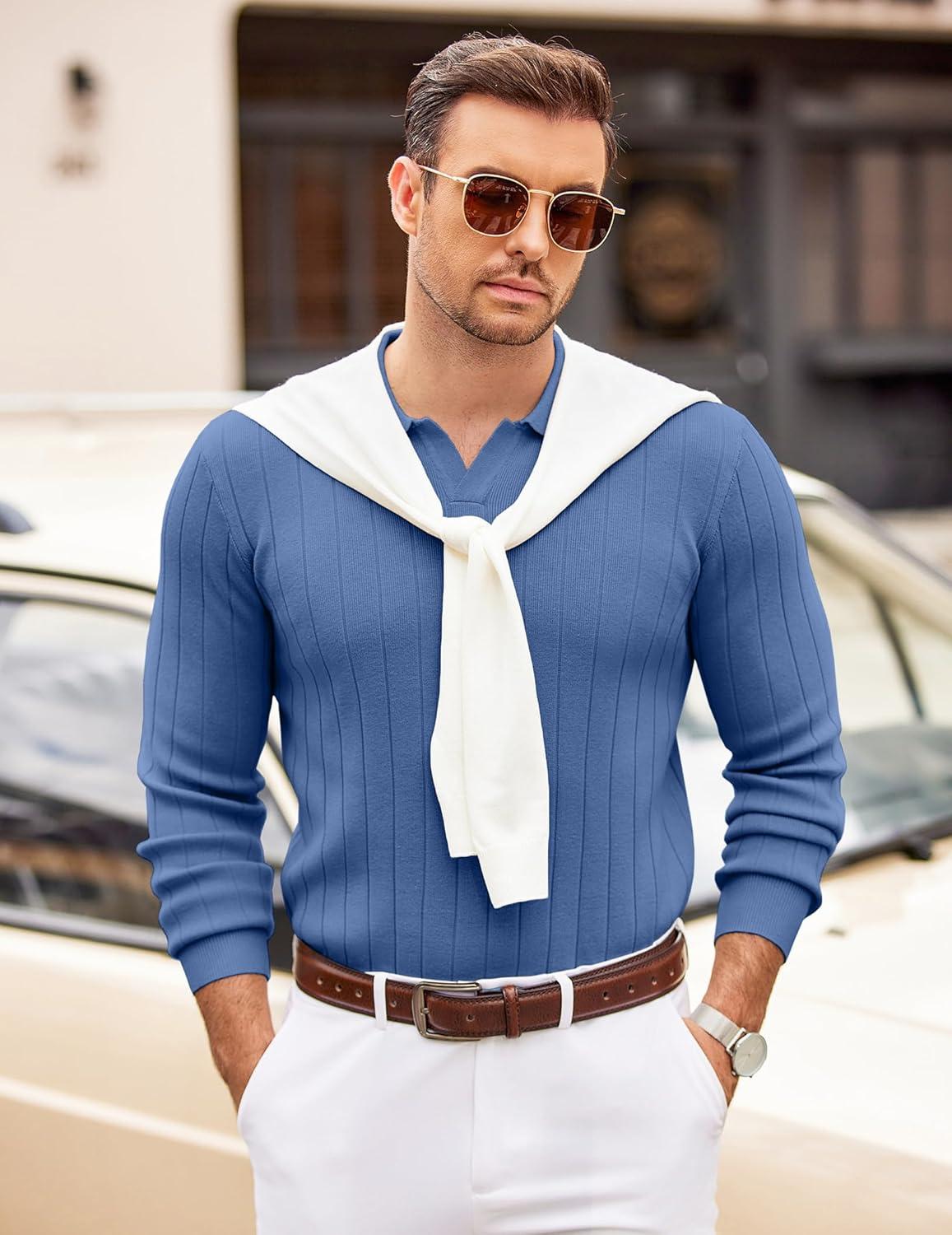 imageCOOFANDY Mens Polo Sweaters Long Sleeve V Neck Knit Polos Lightweight Casual Pullover SweaterDemin Blue