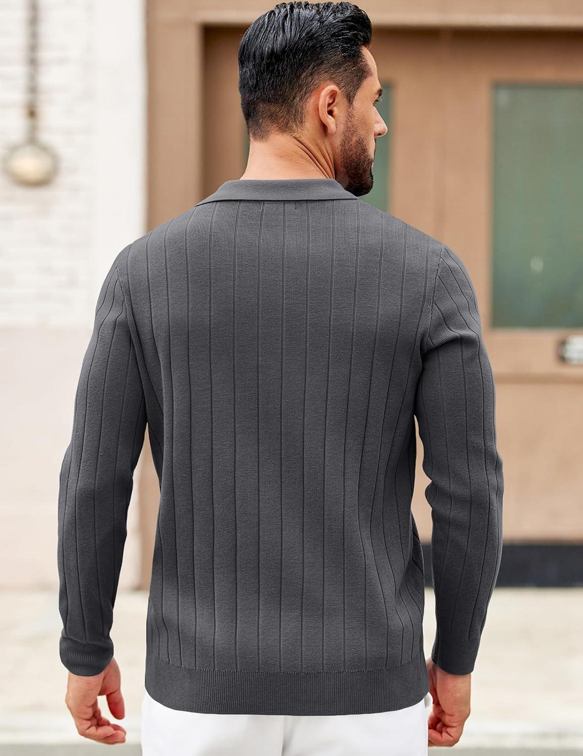 imageCOOFANDY Mens Polo Sweaters Long Sleeve V Neck Knit Polos Lightweight Casual Pullover SweaterGrey