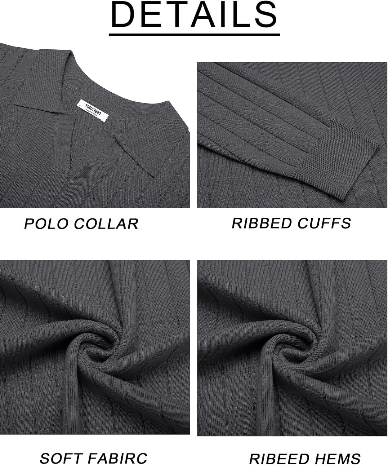imageCOOFANDY Mens Polo Sweaters Long Sleeve V Neck Knit Polos Lightweight Casual Pullover SweaterGrey