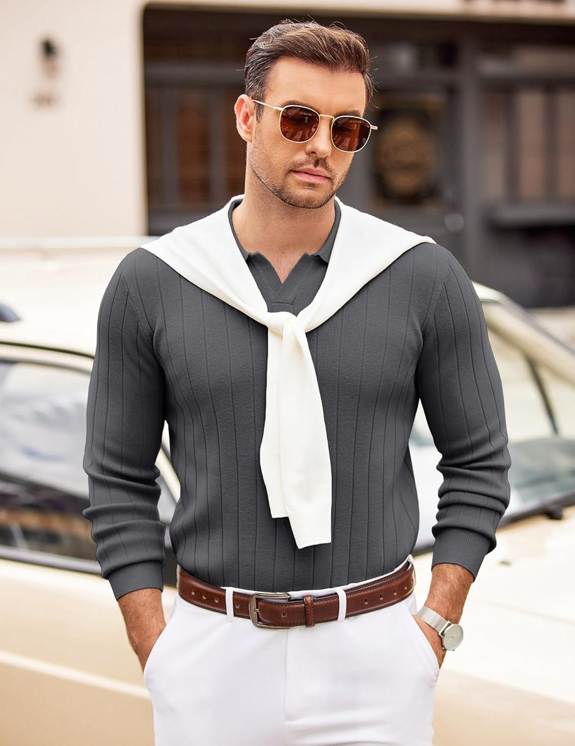 imageCOOFANDY Mens Polo Sweaters Long Sleeve V Neck Knit Polos Lightweight Casual Pullover SweaterGrey