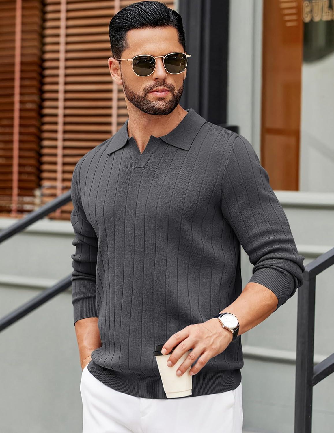 imageCOOFANDY Mens Polo Sweaters Long Sleeve V Neck Knit Polos Lightweight Casual Pullover SweaterGrey