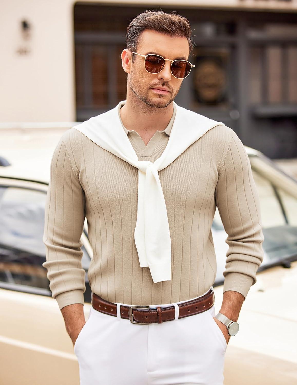 imageCOOFANDY Mens Polo Sweaters Long Sleeve V Neck Knit Polos Lightweight Casual Pullover SweaterKhaki