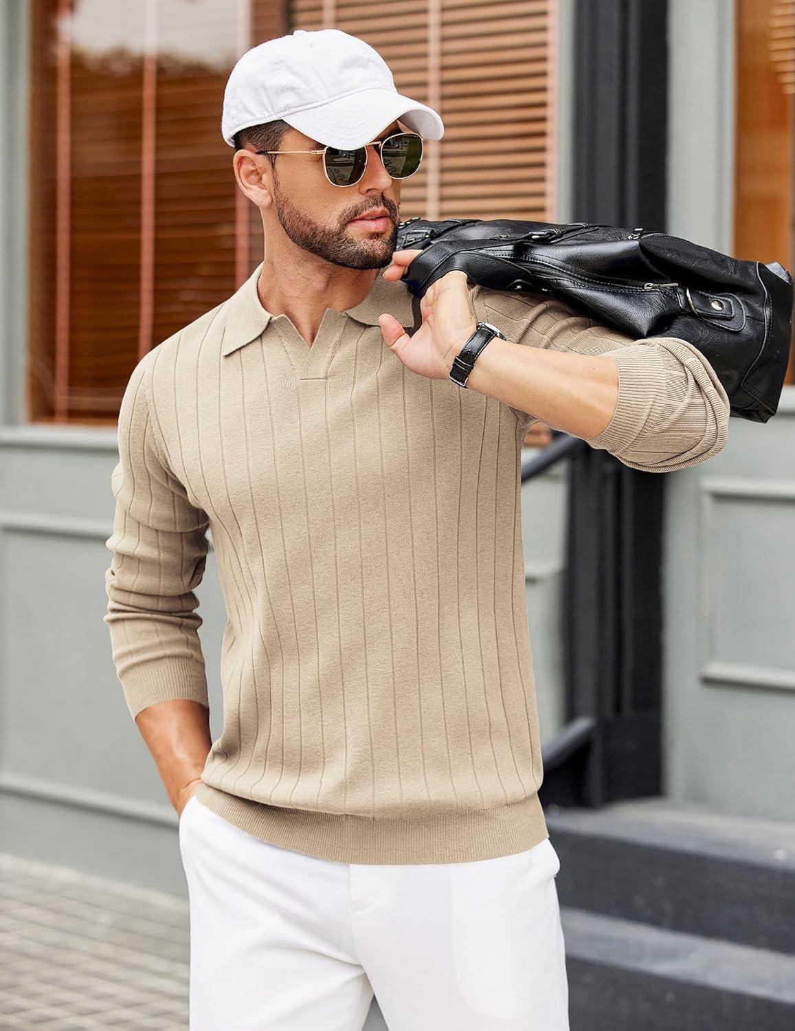 imageCOOFANDY Mens Polo Sweaters Long Sleeve V Neck Knit Polos Lightweight Casual Pullover SweaterKhaki