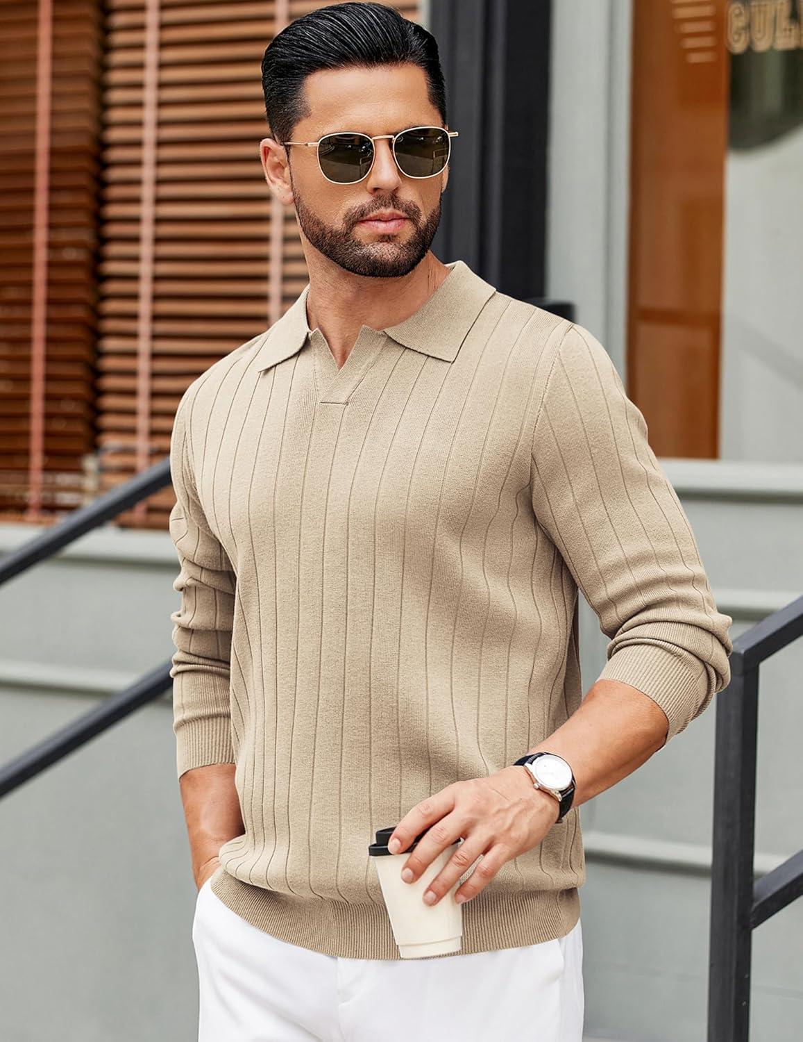 imageCOOFANDY Mens Polo Sweaters Long Sleeve V Neck Knit Polos Lightweight Casual Pullover SweaterKhaki