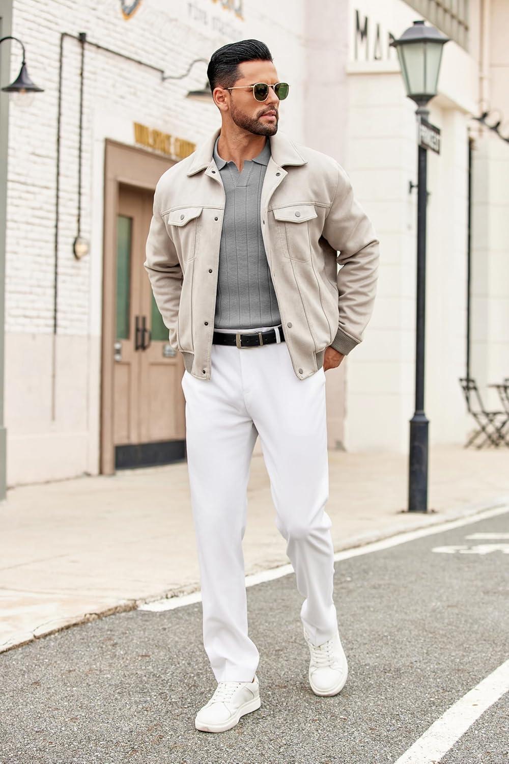 imageCOOFANDY Mens Polo Sweaters Long Sleeve V Neck Knit Polos Lightweight Casual Pullover SweaterLight Grey