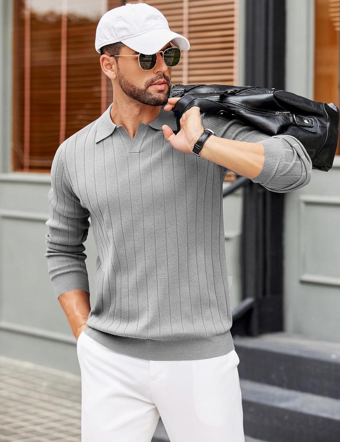 imageCOOFANDY Mens Polo Sweaters Long Sleeve V Neck Knit Polos Lightweight Casual Pullover SweaterLight Grey