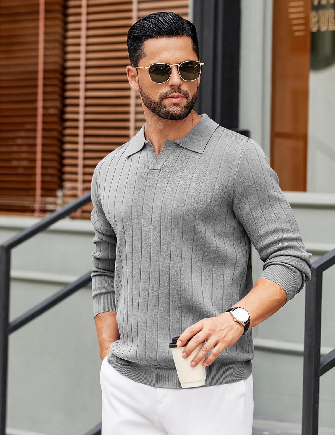 imageCOOFANDY Mens Polo Sweaters Long Sleeve V Neck Knit Polos Lightweight Casual Pullover SweaterLight Grey