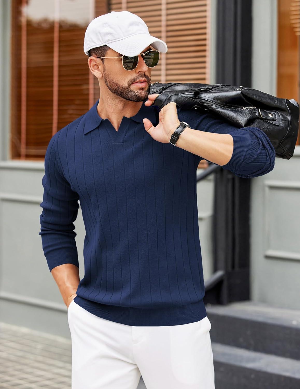 imageCOOFANDY Mens Polo Sweaters Long Sleeve V Neck Knit Polos Lightweight Casual Pullover SweaterNavy Blue