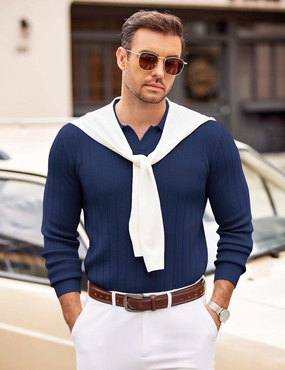 imageCOOFANDY Mens Polo Sweaters Long Sleeve V Neck Knit Polos Lightweight Casual Pullover SweaterNavy Blue