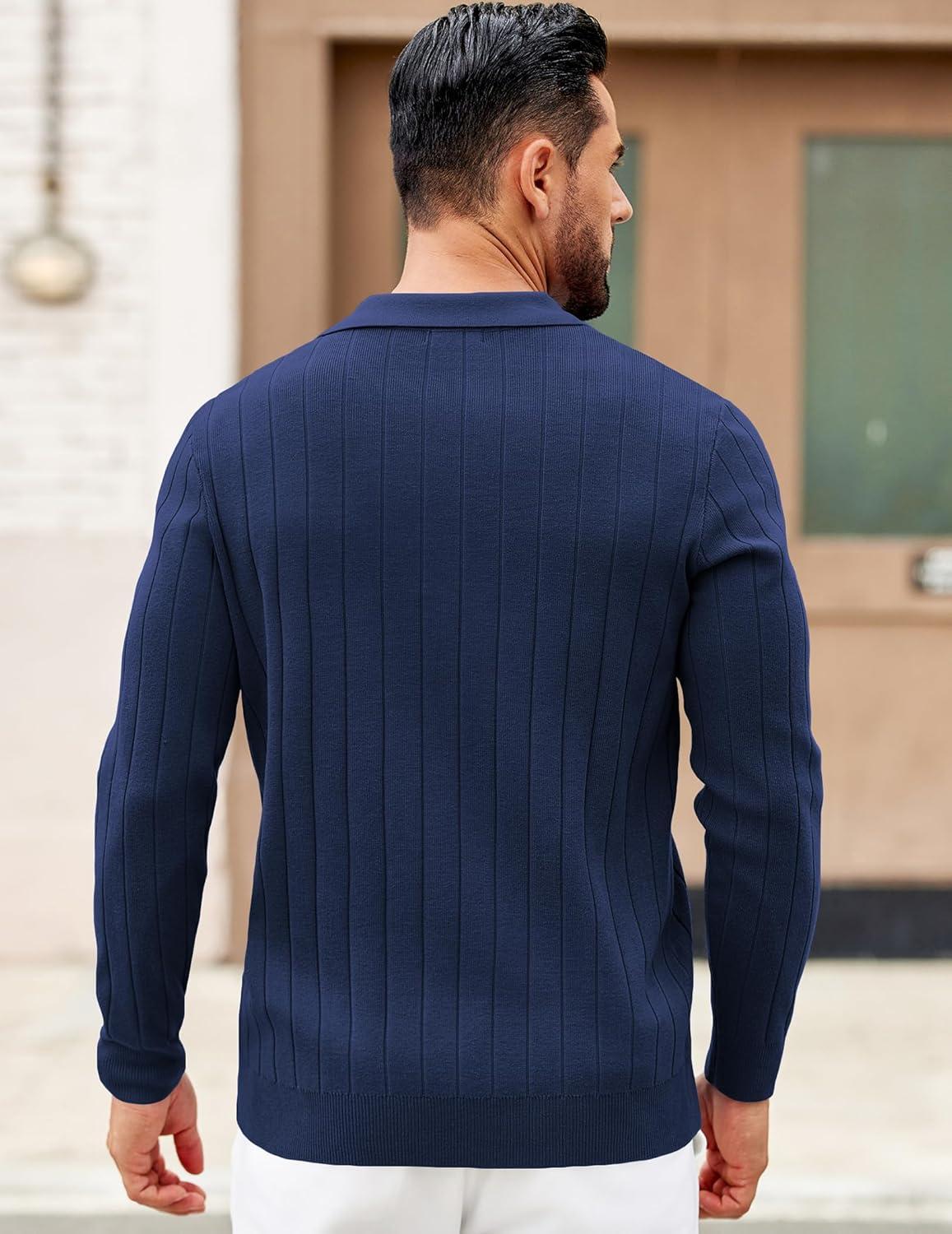 imageCOOFANDY Mens Polo Sweaters Long Sleeve V Neck Knit Polos Lightweight Casual Pullover SweaterNavy Blue