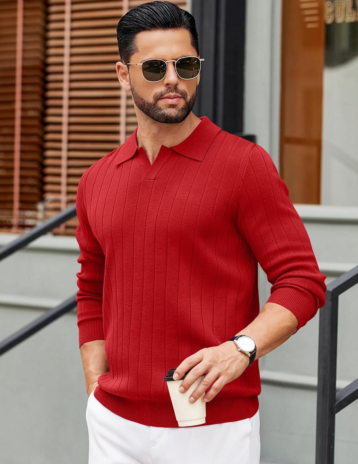 imageCOOFANDY Mens Polo Sweaters Long Sleeve V Neck Knit Polos Lightweight Casual Pullover SweaterRed