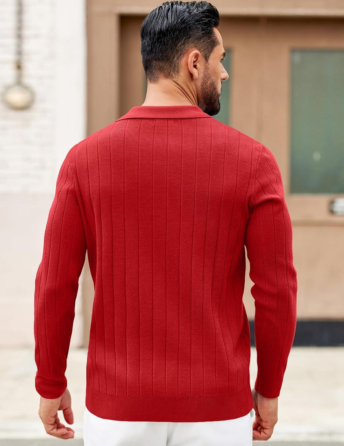 imageCOOFANDY Mens Polo Sweaters Long Sleeve V Neck Knit Polos Lightweight Casual Pullover SweaterRed