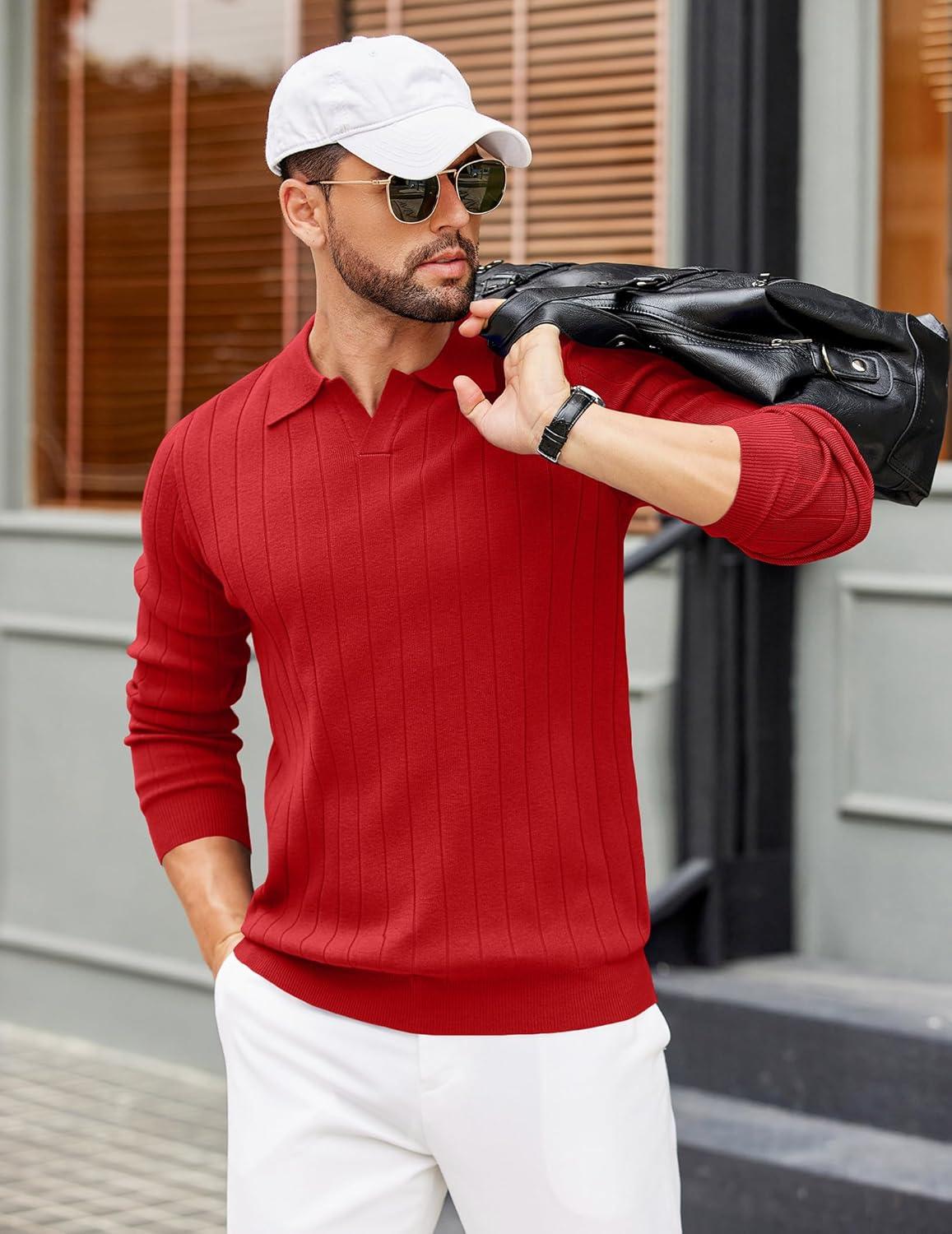 imageCOOFANDY Mens Polo Sweaters Long Sleeve V Neck Knit Polos Lightweight Casual Pullover SweaterRed