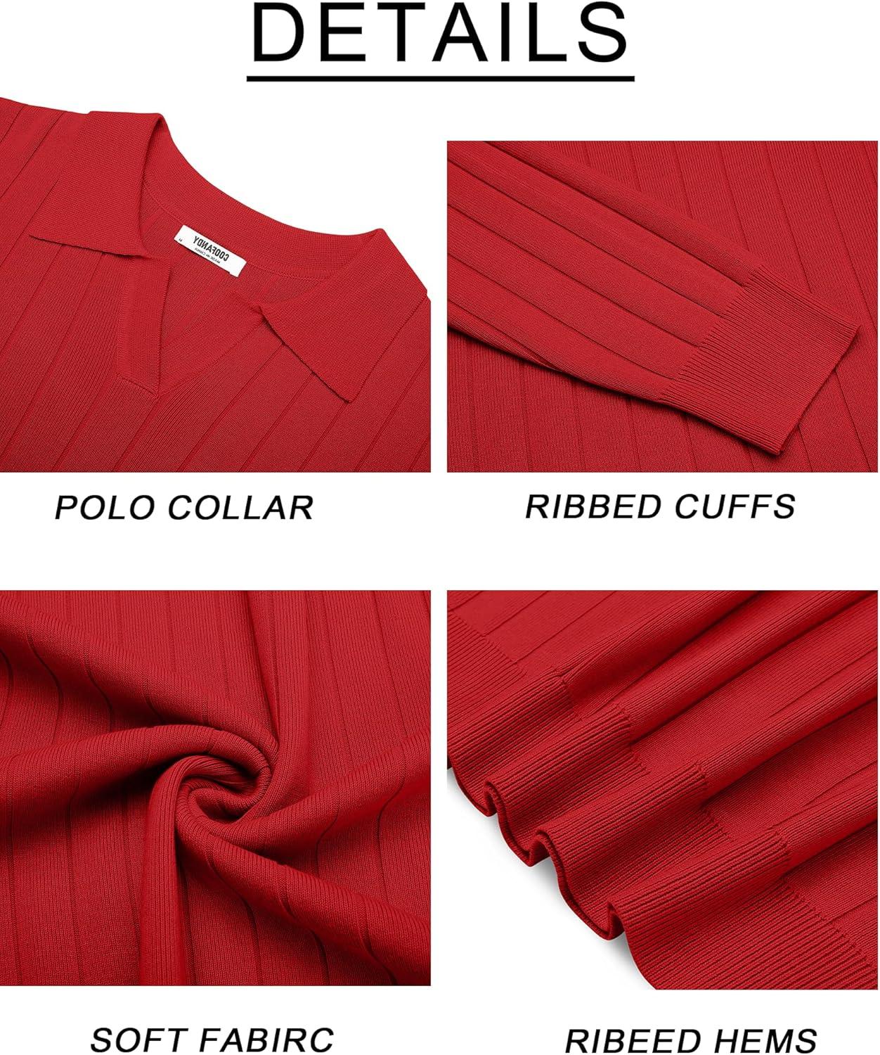 imageCOOFANDY Mens Polo Sweaters Long Sleeve V Neck Knit Polos Lightweight Casual Pullover SweaterRed
