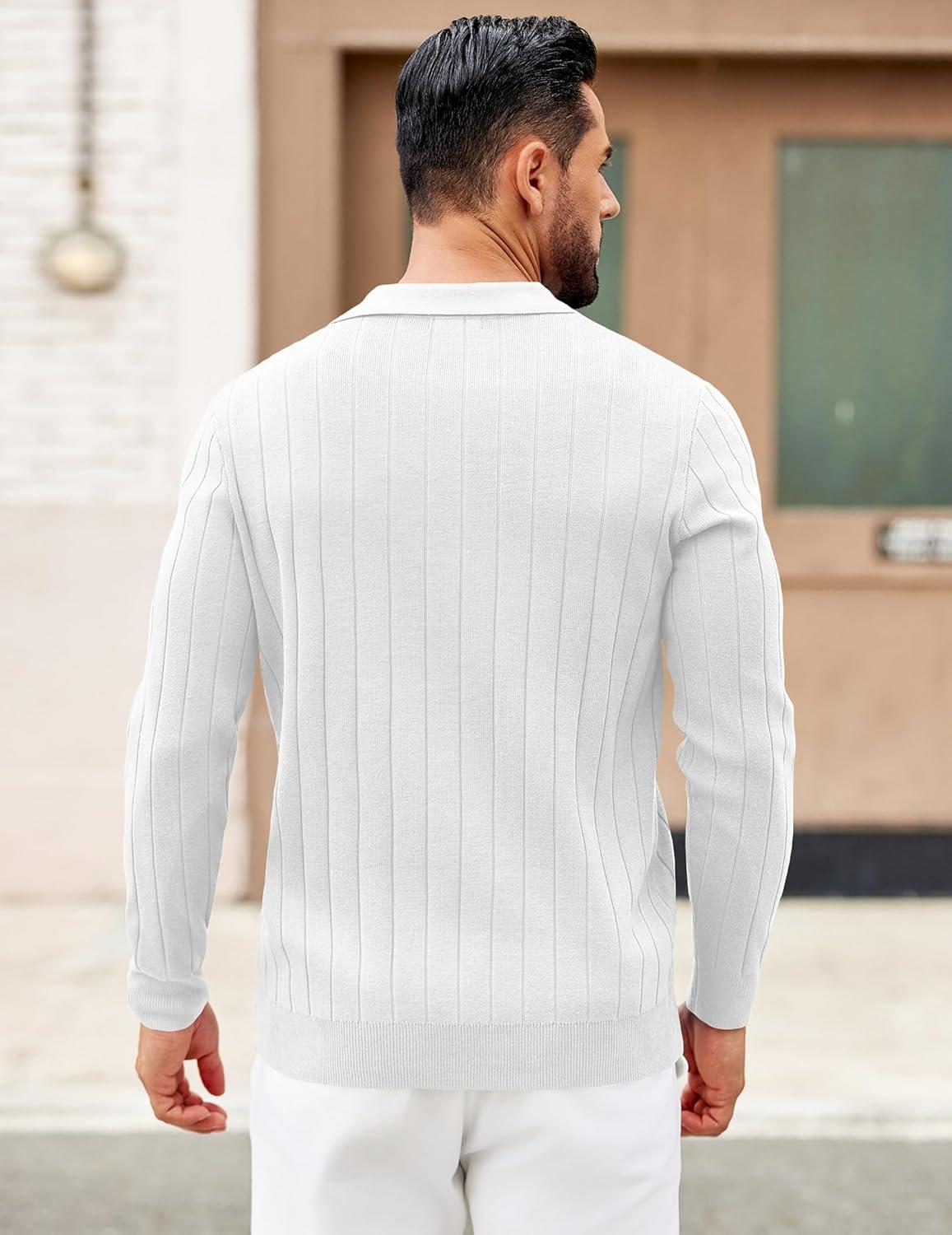 imageCOOFANDY Mens Polo Sweaters Long Sleeve V Neck Knit Polos Lightweight Casual Pullover SweaterWhite