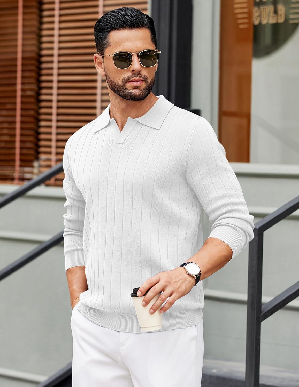 imageCOOFANDY Mens Polo Sweaters Long Sleeve V Neck Knit Polos Lightweight Casual Pullover SweaterWhite