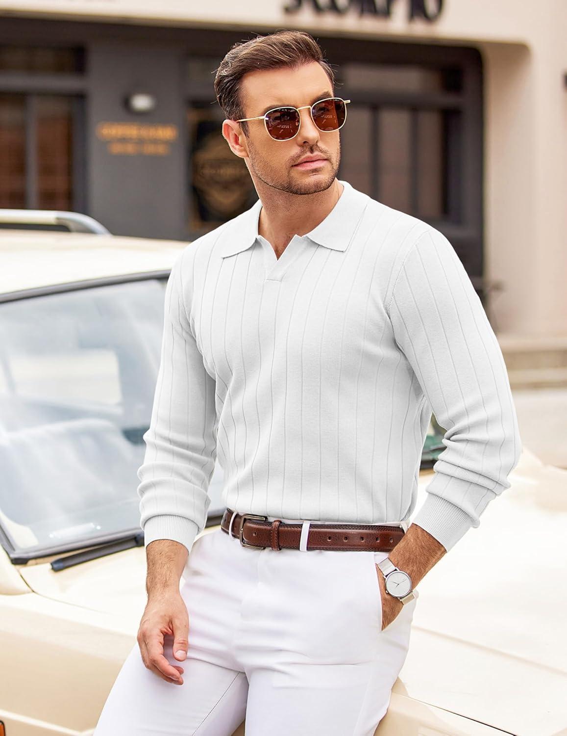 imageCOOFANDY Mens Polo Sweaters Long Sleeve V Neck Knit Polos Lightweight Casual Pullover SweaterWhite