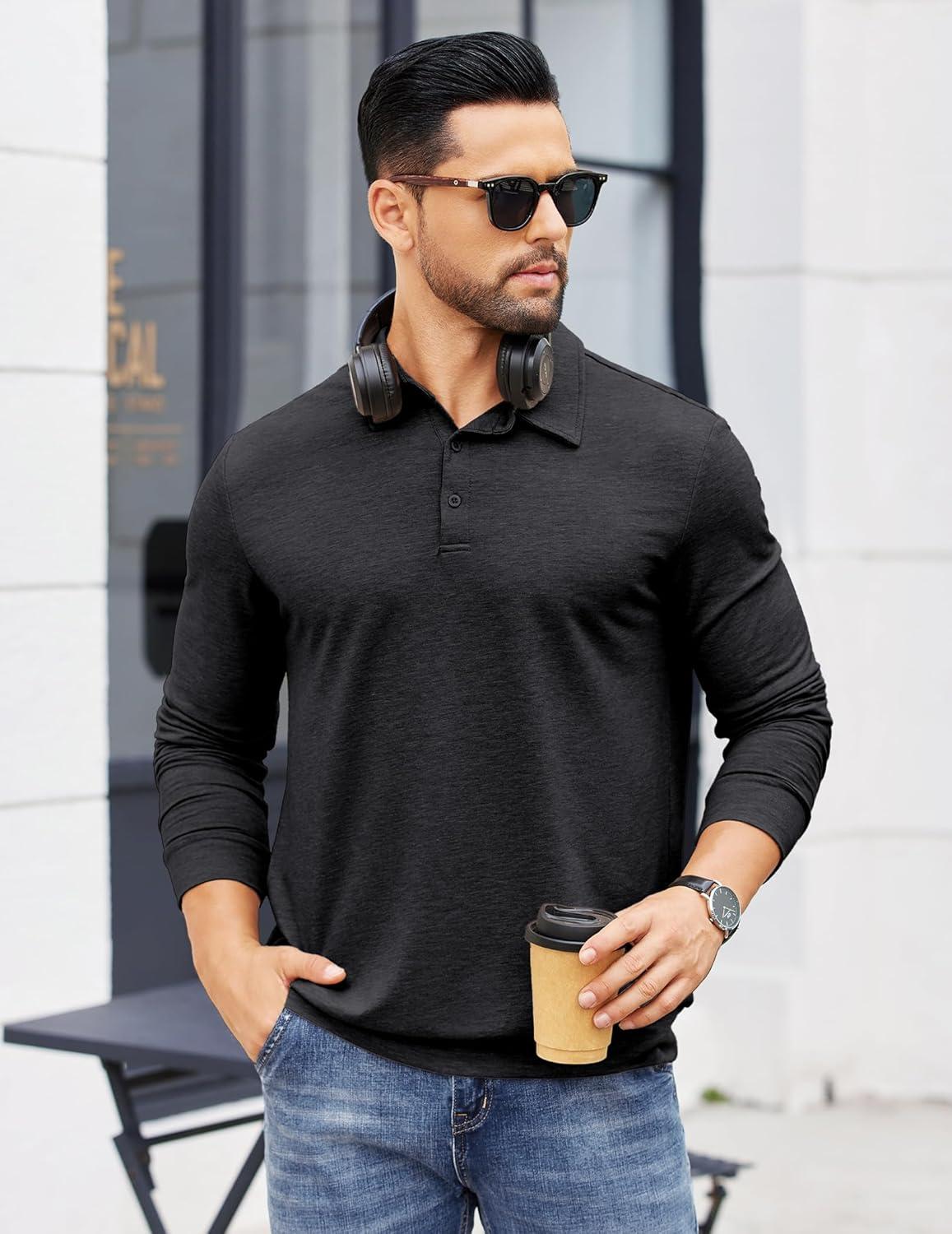 imageCOOFANDY Mens Polo Sweatshirts Long Sleeve Casual Lightweigt Polo Shirts Button Down Golf ShirtBlack
