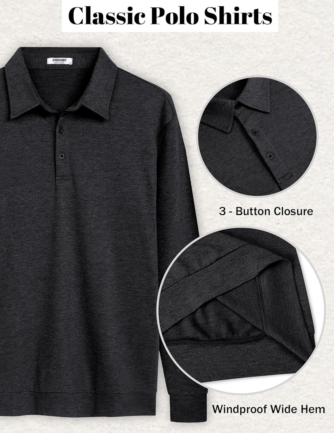 imageCOOFANDY Mens Polo Sweatshirts Long Sleeve Casual Lightweigt Polo Shirts Button Down Golf ShirtBlack