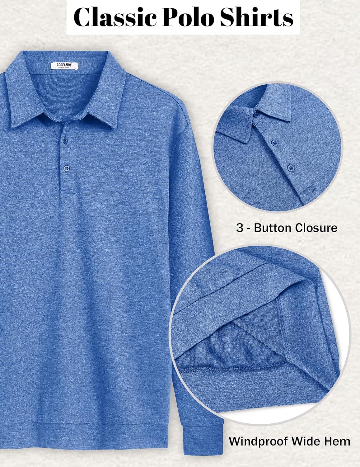 imageCOOFANDY Mens Polo Sweatshirts Long Sleeve Casual Lightweigt Polo Shirts Button Down Golf ShirtBlue