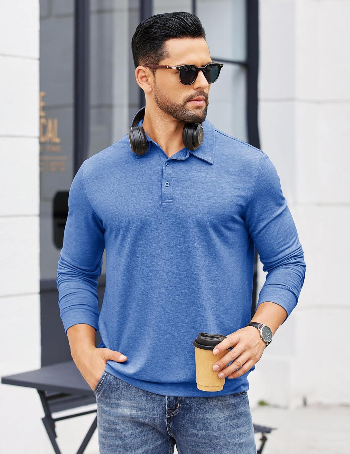 imageCOOFANDY Mens Polo Sweatshirts Long Sleeve Casual Lightweigt Polo Shirts Button Down Golf ShirtBlue