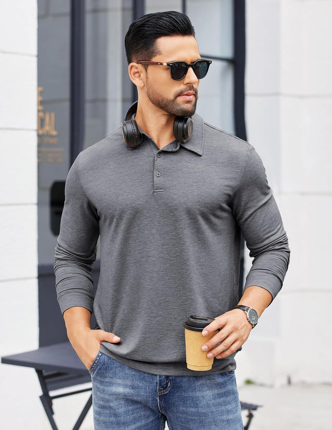 imageCOOFANDY Mens Polo Sweatshirts Long Sleeve Casual Lightweigt Polo Shirts Button Down Golf ShirtDark Gray